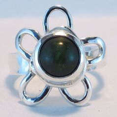 Sterling silver ring with round jade cabochon and flower petal design